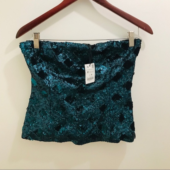 NWT Zara Sequin Tube Top Teal Medium - Picture 2 of 8